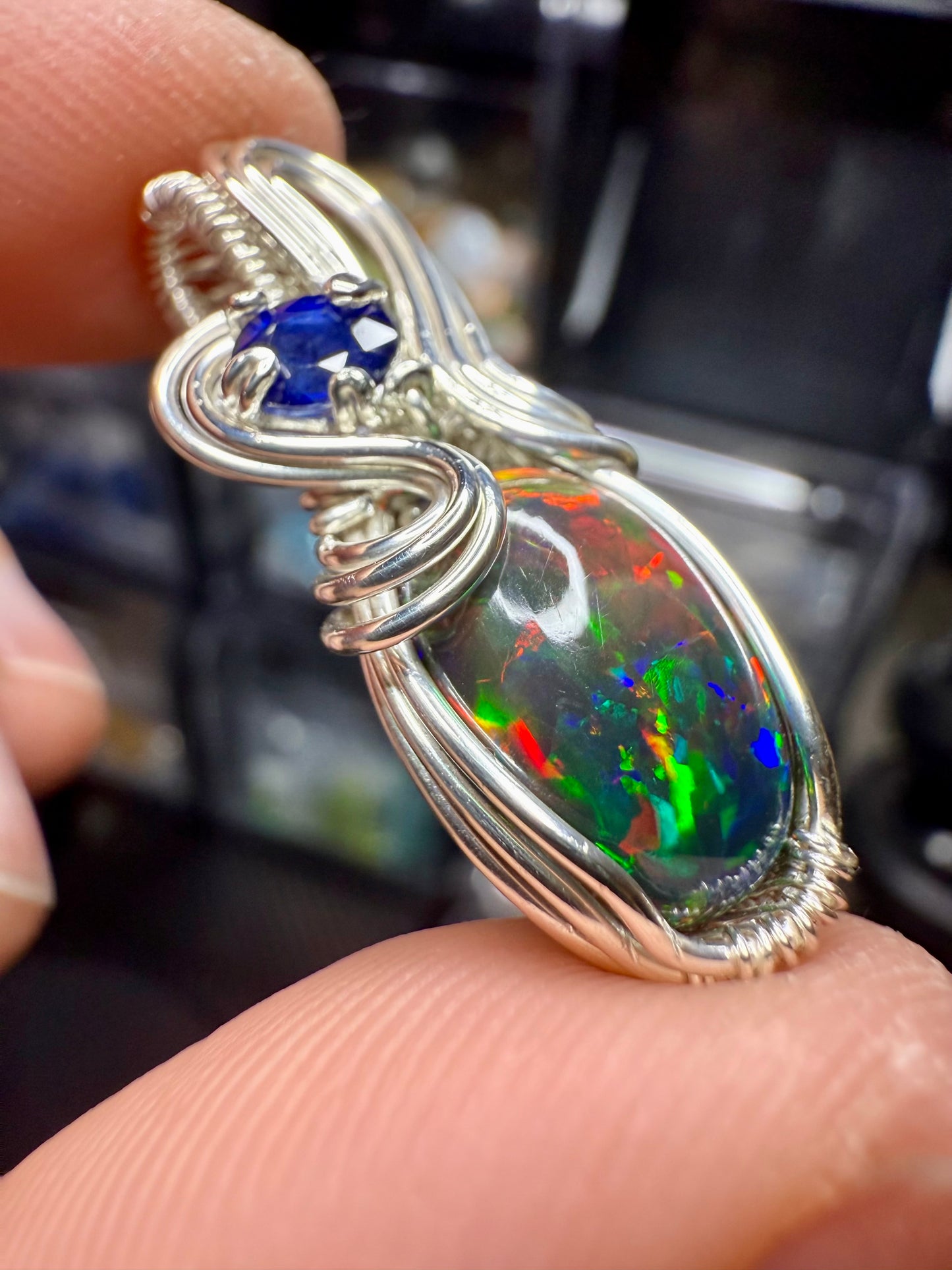 ZZ12) Opal & Sapphire Pendant in Sterling Silver
